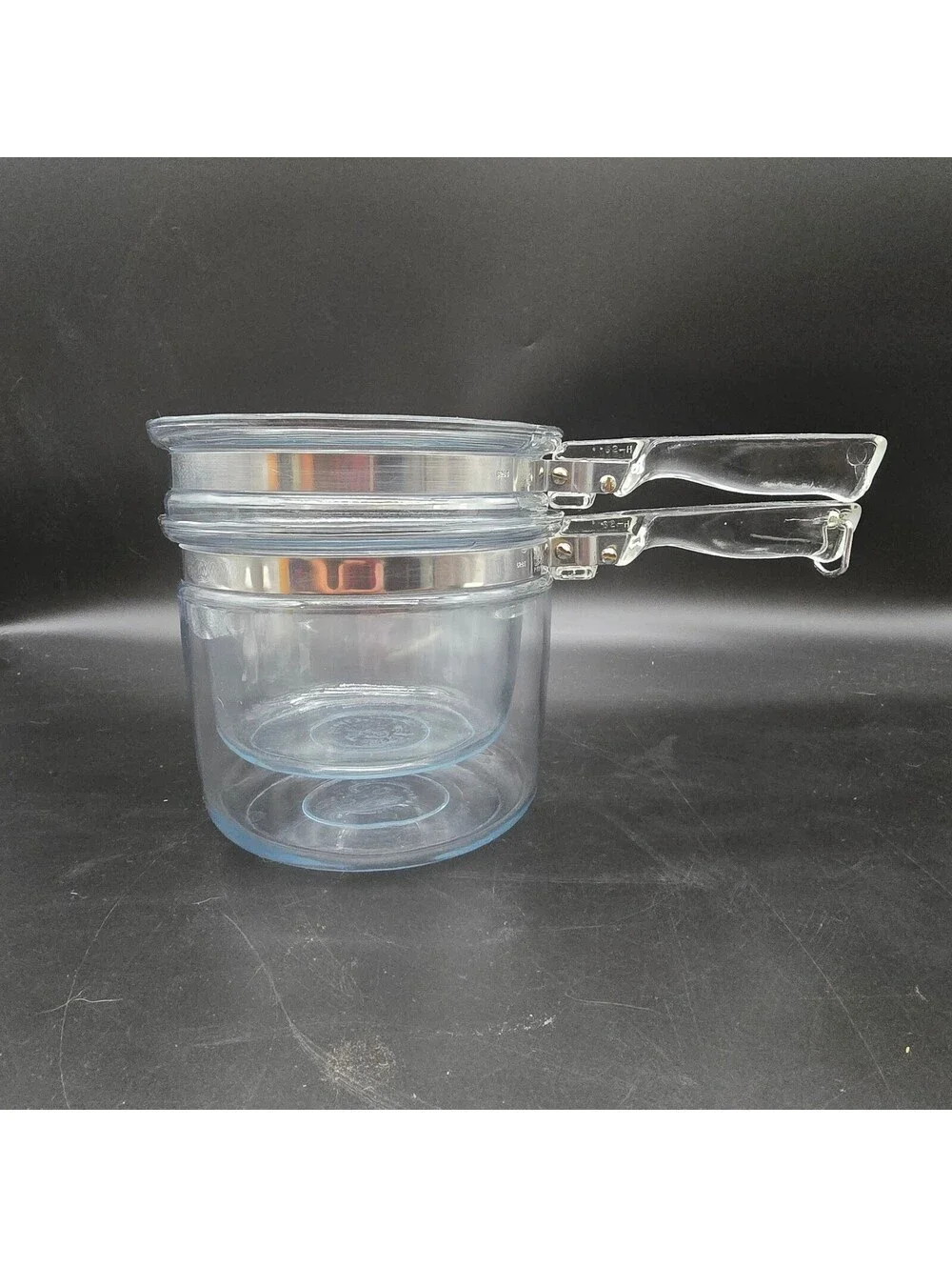 Vintage Pyrex Flameware Glass Double Boiler 2-Piece Set Pots & Handles No Lid
